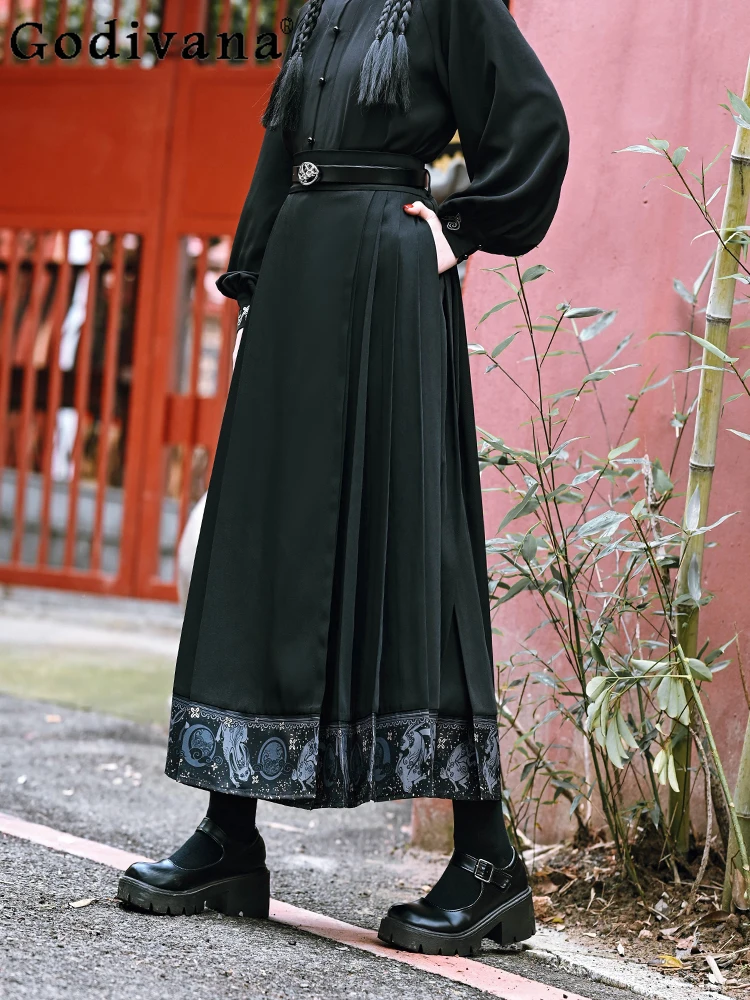 

Temperament Black Chinese Printed Long Heavy Industry Skirt Spring Autumn Personalized Girls High Waist A-line Versatile Skirts