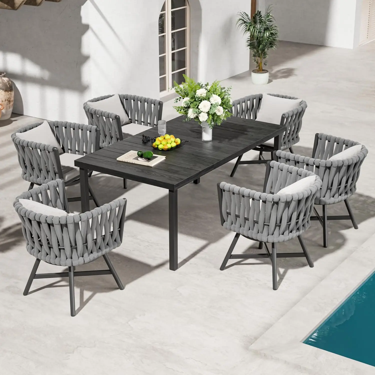 

7-Piece Outdoor Dining Set for 6, Dining Furniture Set for 6 Swivel Rope Wicker Chairs & 1 Straight Legs Rectangular Dining Faux
