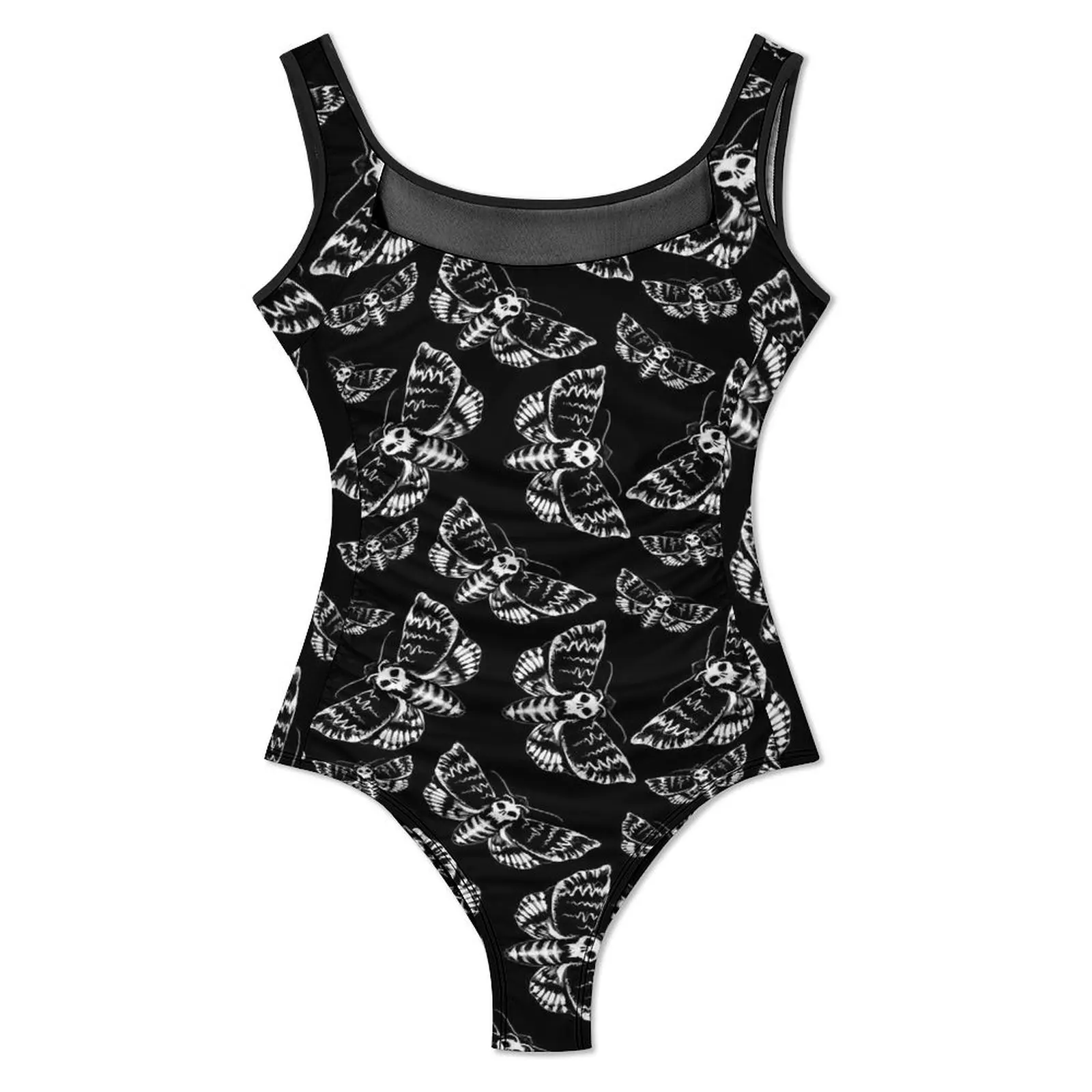 Gothic Print Swimsuit White Death Head Moth One Piece Swimwear Push Up Fantasy Monokini Sexy Surfing Custom DIY Bodysuit