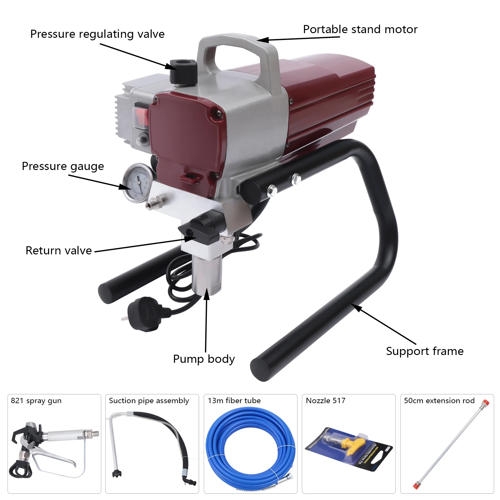 Airless Paint Sprayer Machine 1800W 220V Electric Sprayer Gun Kit Adjustable Spray Pressure with Pipe for Wall & Ceiling