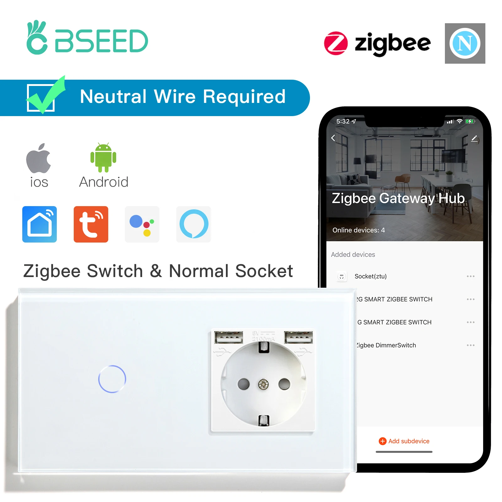 BSEED ZigBee Touch Schalter 1/2/3Gang 1/2/3Way Sensor Wand Licht Schalter Smart tuya Alexa Mit EU Standard Typ-c Steckdose