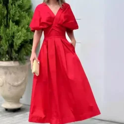 Short-sleeved Dress Woman Streetwear Summer 2024 Princess Sleeves High Waist Elegant Dresses Y2k Solid Long Skirt for Female