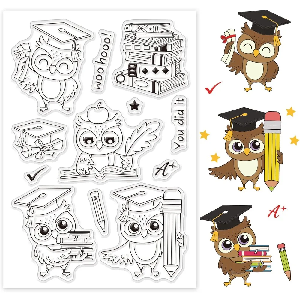 Owl Clear Stamp Book Graduation Hat You Did It Silicone Stamp Cards Study Rubber Stamps Transparent Stamps for School Card