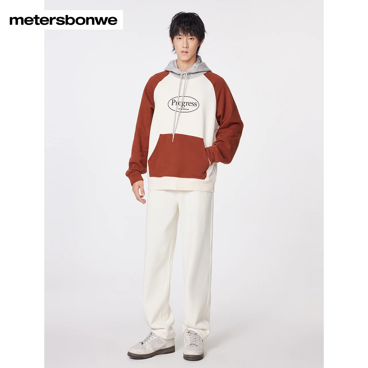 Metersbonwe- Hoddy Men Knit Pullover Fleece-Lined Thick Color Clash Warm Wear Campus Casual Youth Teenager Winter