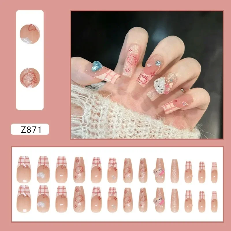 26Pcs Sanrio Hello Kitty False Nails Cute Cartoon KT Fashion Individual Women Nail Stickers Kawaii Nail Patches Holiday Gifts