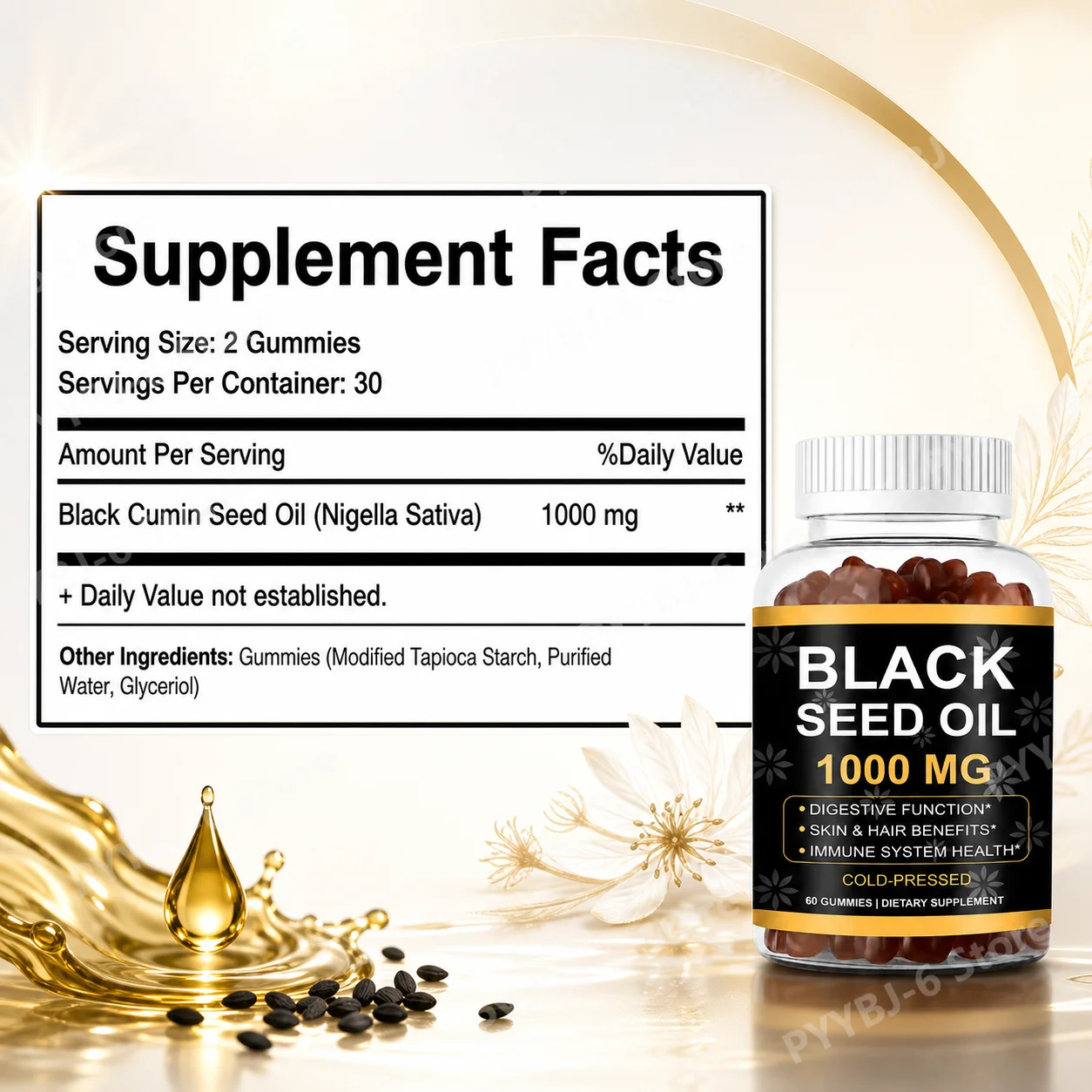 Black Seed Oil Gummies 1000mg Cold-Pressed Daily Wellness Supplement for Skin Hair Digestive and Immune Support 60 Gummies