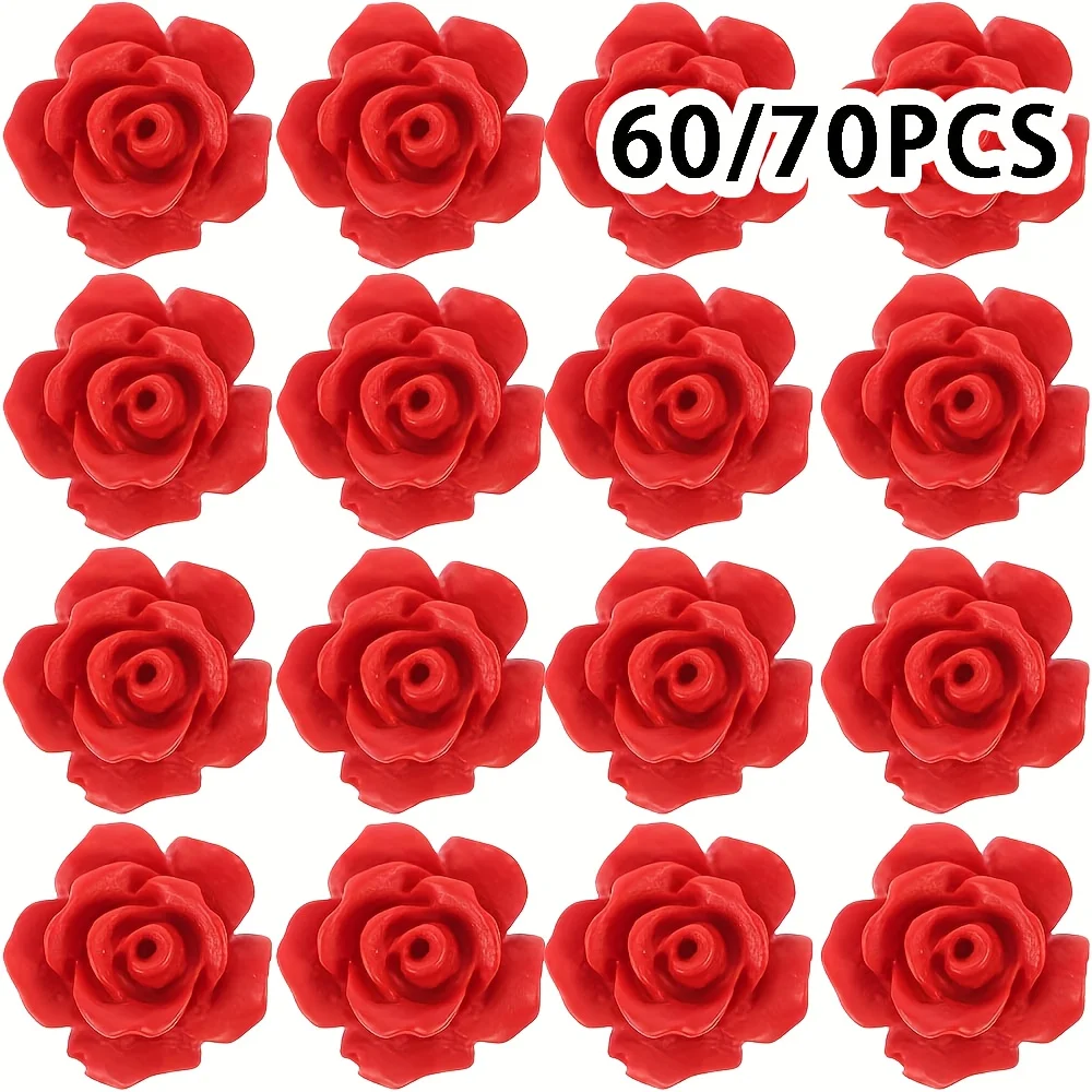 

60/70pcs 12mm 3D Red Rose Flower Beads, DIY Jewelry Accessories with Holes, Bracelets, Necklaces, Earrings, Handicrafts
