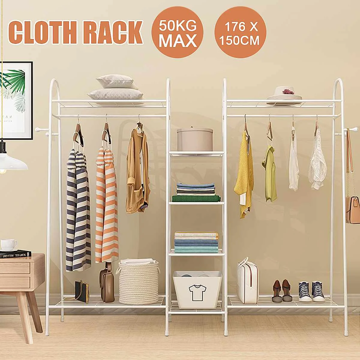 

176cm Standing Coat Rack Dual Rails Storage Wardrobe Clothing Racks Anti-slip Shoes Shelves Coat Hanger Living Room Furniture