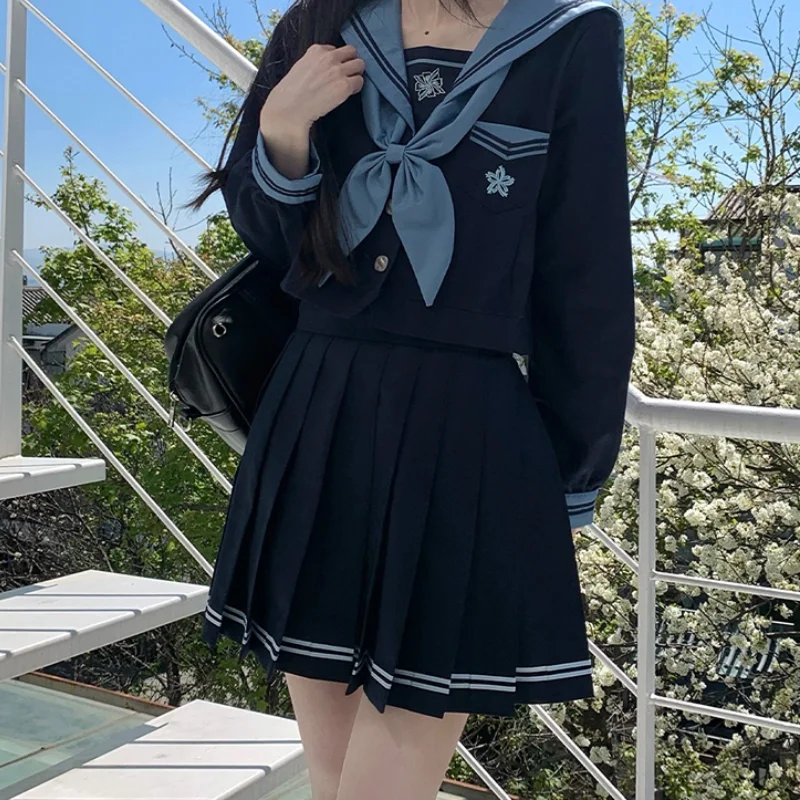 2024 New Japanese Original Sailor Outfits JK Uniform College Style Dark Blue Soft Long Sleeves Top Mini Skirt Basic Set For Girl