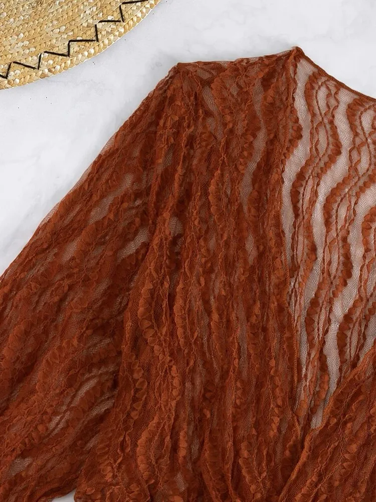 Maillot de bain trois pièces en maille, manches longues, imprimé cintré à la taille et cordon de serrage, à la mode, protection solaire, offre spéciale, nouvelle collection