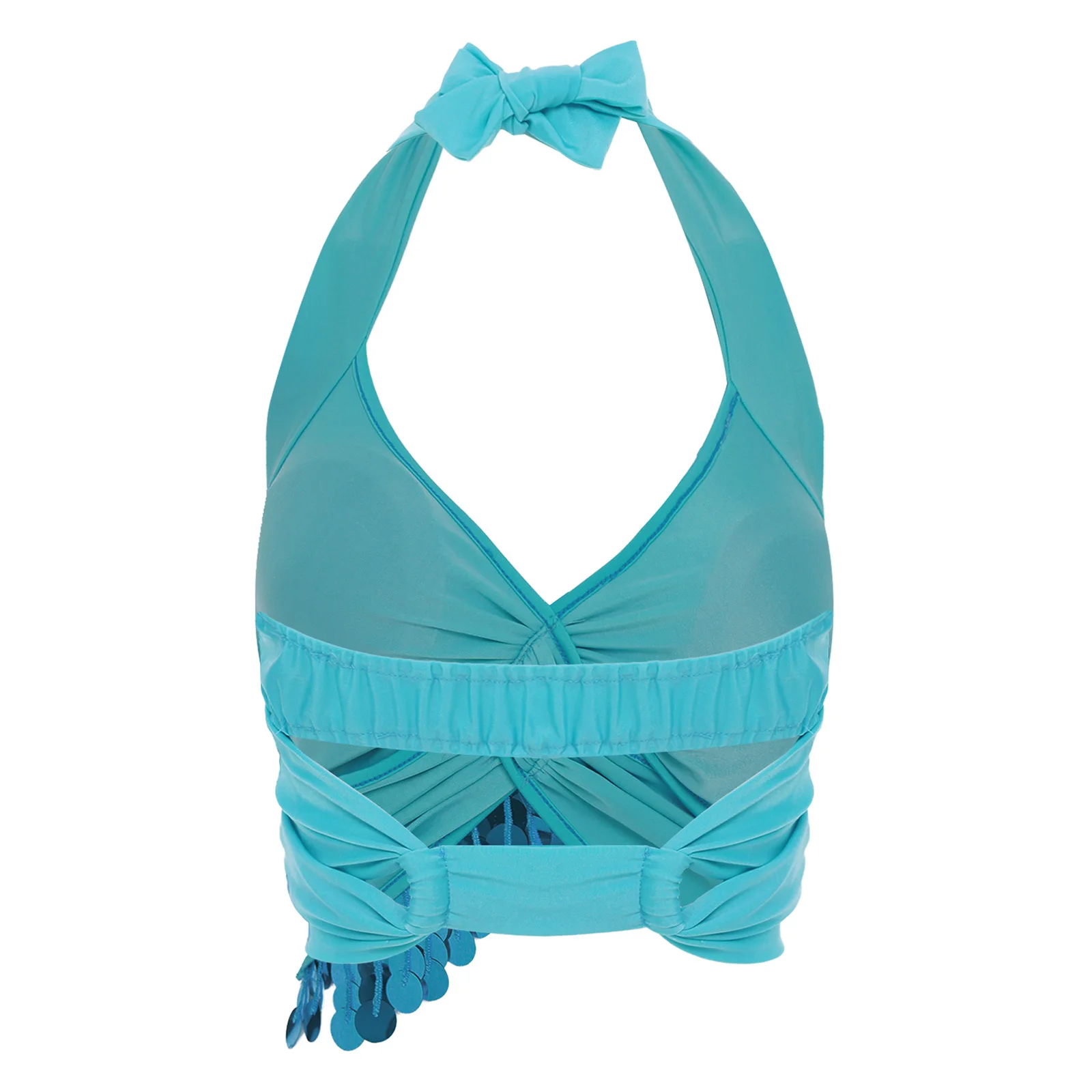 Womens Belly Dance Tops Hollow Out Bra Halter V Neck Sequin Tassel Padded Bra Dance Crop Top Performance Club Bellywood Costume