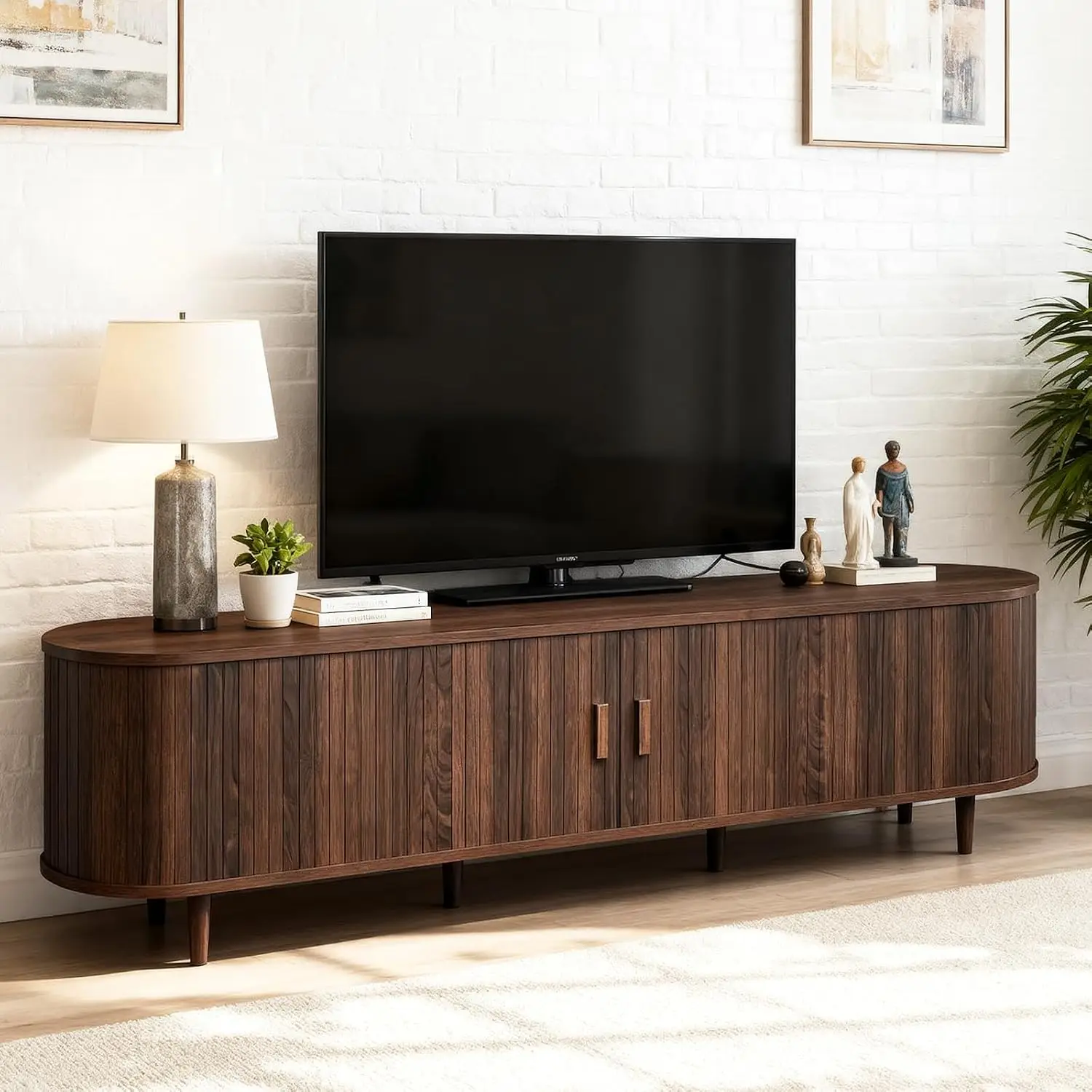 Modern Mid Century TV Stand For 75 Inch TV, Wood Media Console Table With Sliding Fluted Doors And Power Outlet, Storage Entertainment Center With Adjustable Shelves For Living Room, Walnut