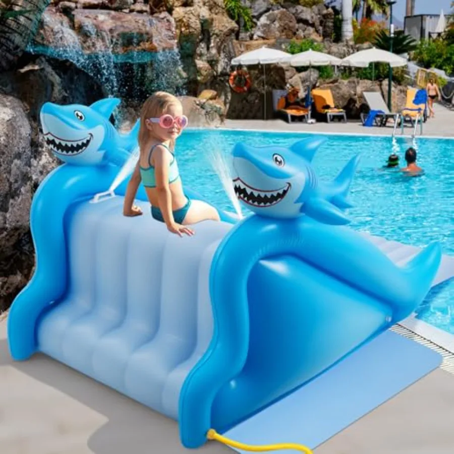 

98 Inch Giant Inflatable Shark Pool Slide Extra Large Inflatable Water Slide for Outdoor Summer Fun Blue and White Water Play C