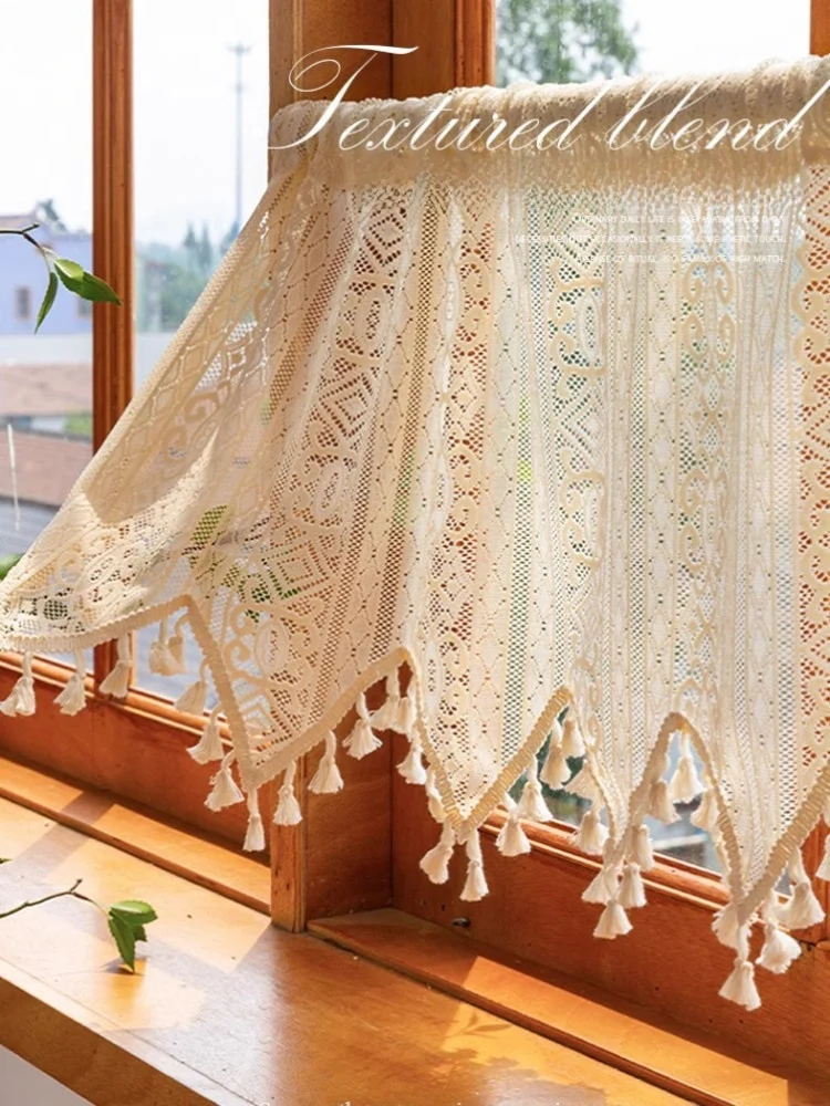 ستارة رومانسية من الدانتيل على طراز كريمي، قضيب منزلق، غطاء مقاوم للغبار، ستارة للمطبخ، ملحقات ستارة للباب من المنسوجات المنزلية #4