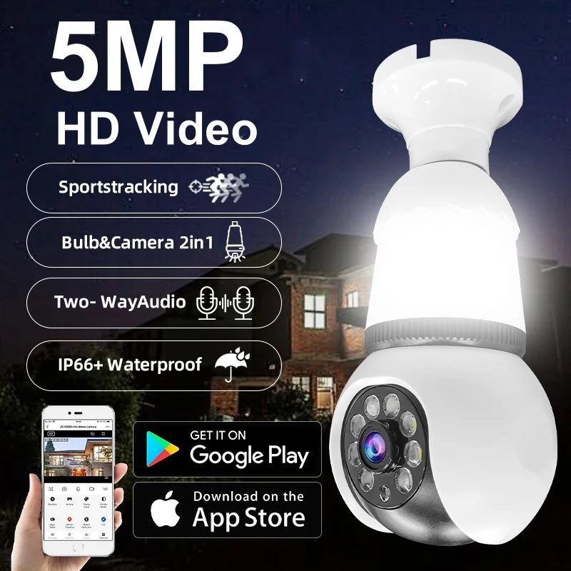 

5MP Bulb E27 Wifi Surveillance Camera Automatic Human Tracking Color Night Vision Indoor Security Baby Monitor Home CCTV Camera