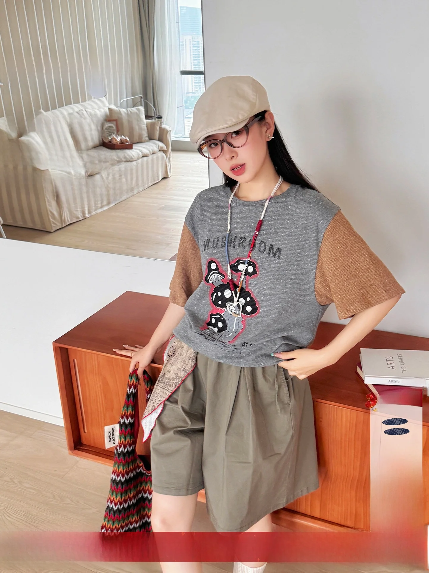 

Футболка Musoom в стиле пэчворк, цвет кофе, весна-лето, повседневная, для работы, спортивная, с круглым вырезом, из смесового хлопка