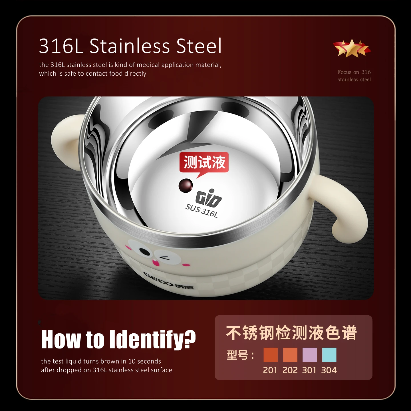 GEDO LFGB Certification 316L Stainless Steel Baby Bowl 99.9% Anti-bacterial Kids' Food Container Heat Insulation Children Plate