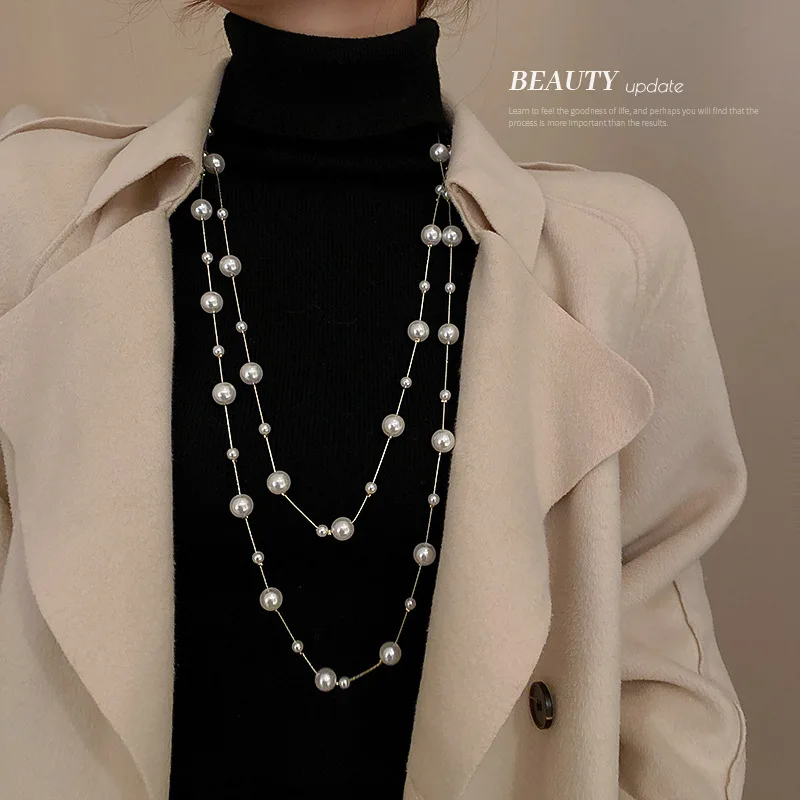 winter fashion women's long necklaces 2024 Korean jewelry accessories long pearl necklace sweater chain accessories