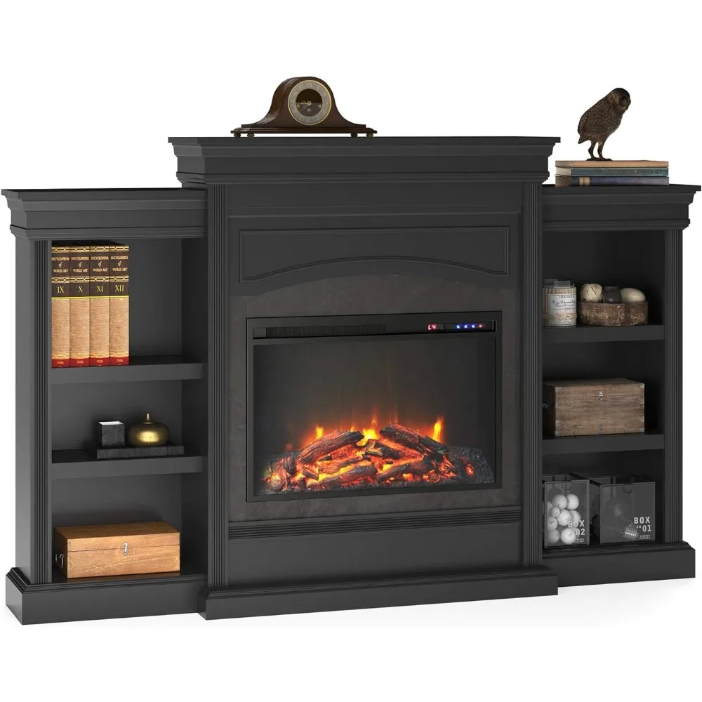 Fireplace with Bookcase, with Long-Lasting Ultra-Bright LED Technology with Realistic Logs and Flame, Features 2 Bookcases,White