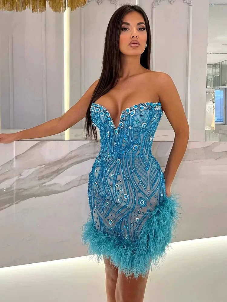 Party Dress Night Club Wear Baby Blue Feather Short Prom Dress Diamond Sequins Glitter V Neck Mini Birthday Cocktail
