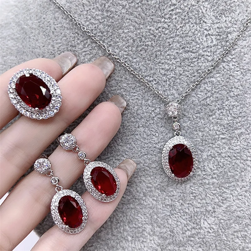 Luxury 925 Silver Red Zircon Geometry Necklace Earrings Ring 3 Pieces Set Banquet Wedding Anniversary Gift Women\'s Jewelry Set