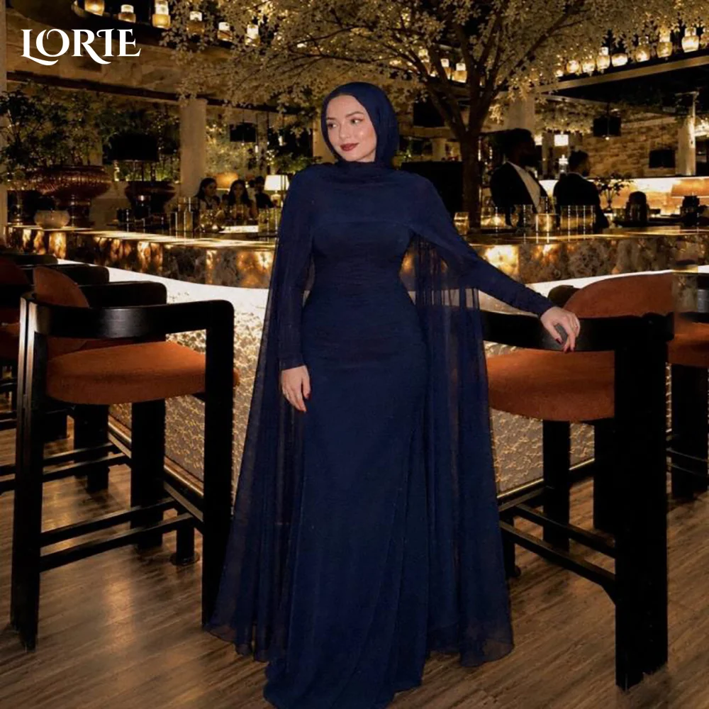 LORIE Shiny Lace Evening Dresses Elegant High Collar Long Sleeve Pleats Mermaid Arabia Prom Gown Ruffle Party Dresses Customized