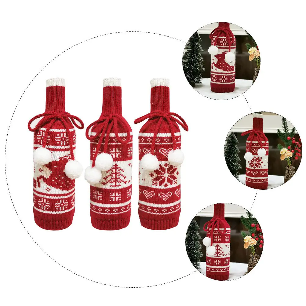 

3pcs Christmas Wine Bottle Cover Knitted Sleeve Balls Design Washable Reusable Party Supplies Decorative Cover For Holiday Table