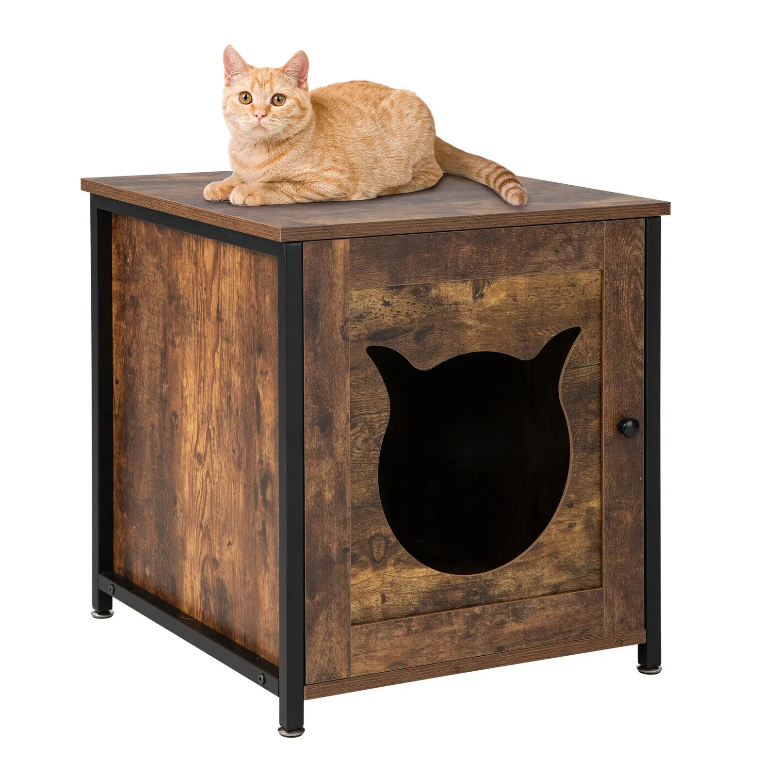 Costway Petsjoy Cat Litter Box Enclosure w/ Metal Frame & Adjustable Feet Brown