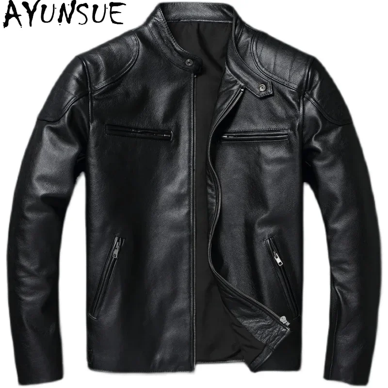 

AYUNSUE Genuine Leather Jacket Men Autumn Motorcycle Real Cow Leather Coat Vintage Brown Leather Jackets Blouson Cuir Homme SGG