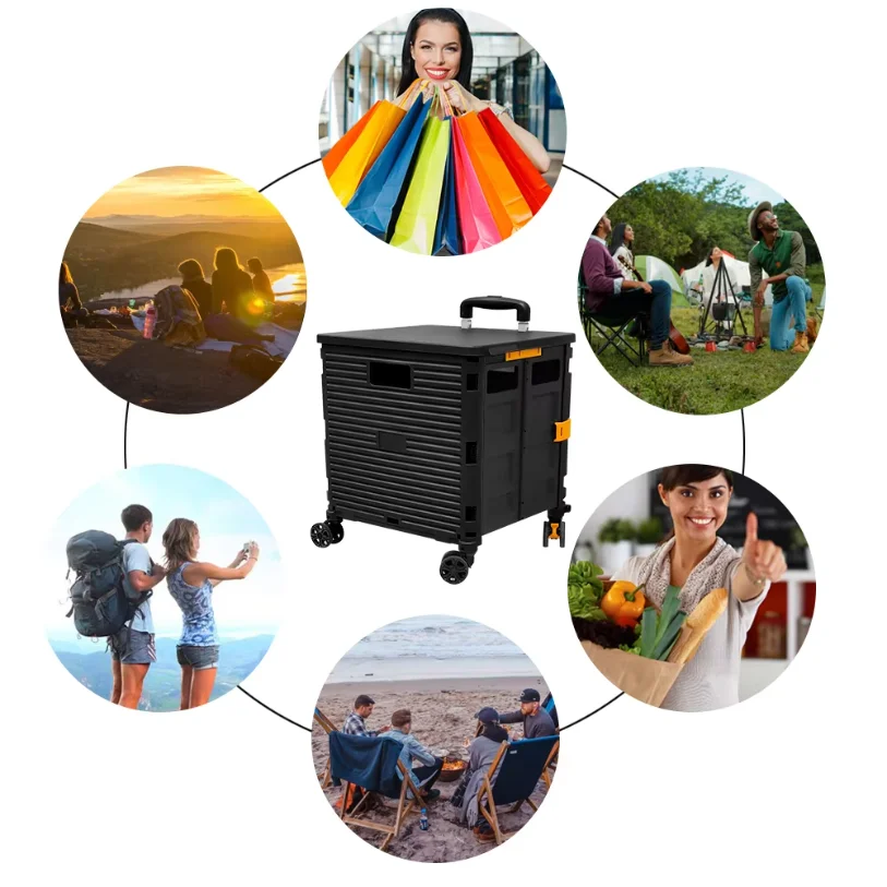 Collapsible Utility Rolling Cart, Foldable Storage Crate with Retractable Handle & 360° Rotating Wheels, Portable Handcart