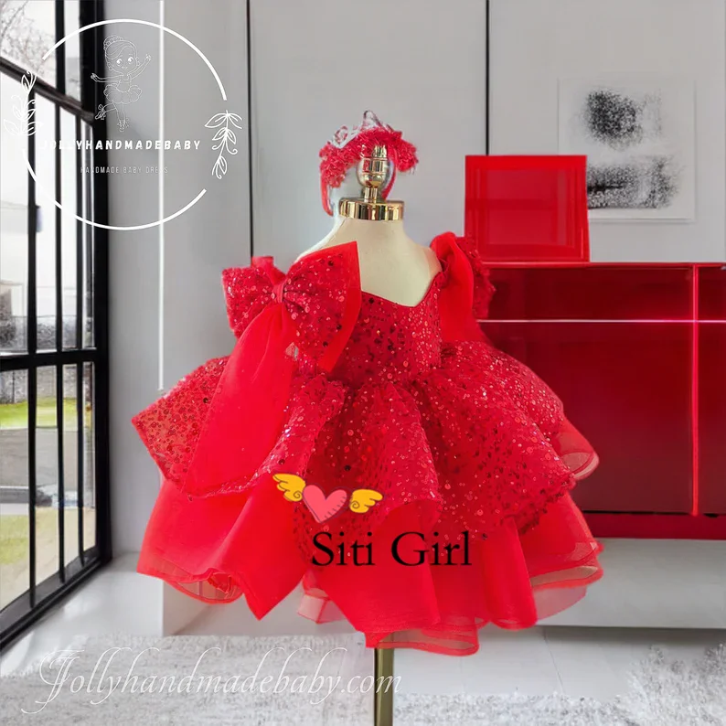 Luxury Flower Girl Dress V Neck Puff Girls Party Dresses for Wedding Short Sleeves Tulle Kids Christmas Ceremonial Dress