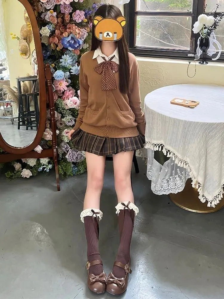 

Original Caramel Croissant Japanese Sle JK orm Autumn Winter Set Plaid Skirt Long Sve Sweater College Sle Soft Girl