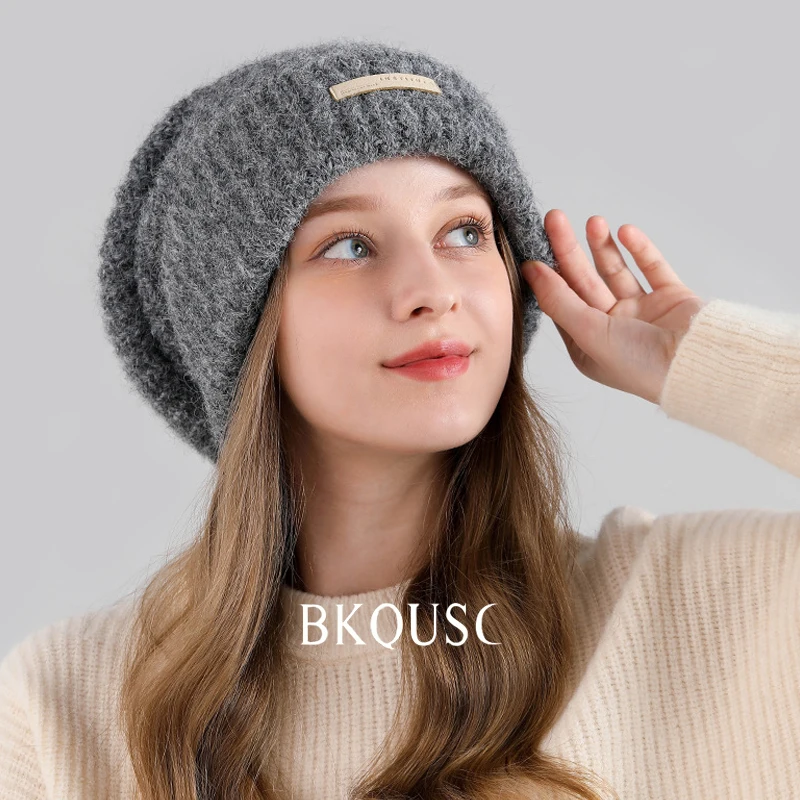 Fashion English Label Woolen Knitted Women's Beanies Hats Winter Outdoor Warm Soft Thick Knitting Bonnet Stylish Stacking Caps