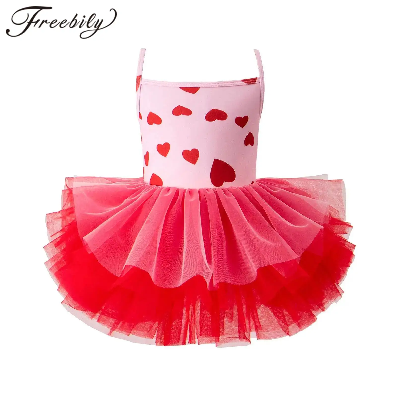 Girls Camisole Dance Tutu Leotard Heart Leaf Printed Spaghetti-strap Ballet Dress Dancing Competition Tulle Performance Dress
