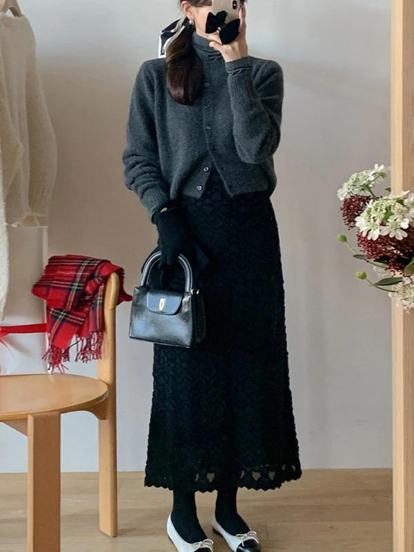 falda acampanada de cintura alta para mujer, falda larga de estilo coreano, e, dulce, de encaje, versátil, adeaz...