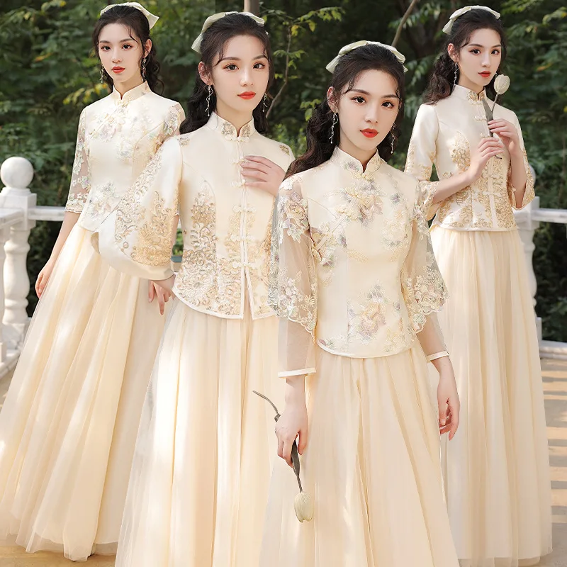 Vintage Button Bridesmaid Wedidng Dress Chinese Style Flower Cheongsam Vestidso Women Elegant Mandarin Collar Embroidered Qipao