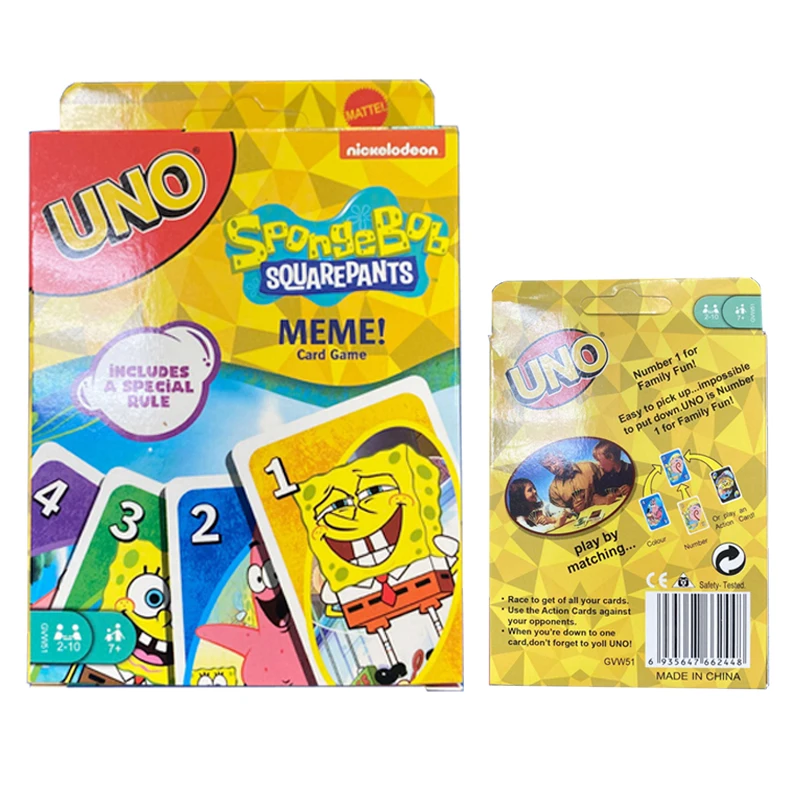 

Карточная игра Mattel UNO SpongeBob SquarePants для семейной ночи с тематической графикой телешоу и специальной линейкой для 2-10 игроков