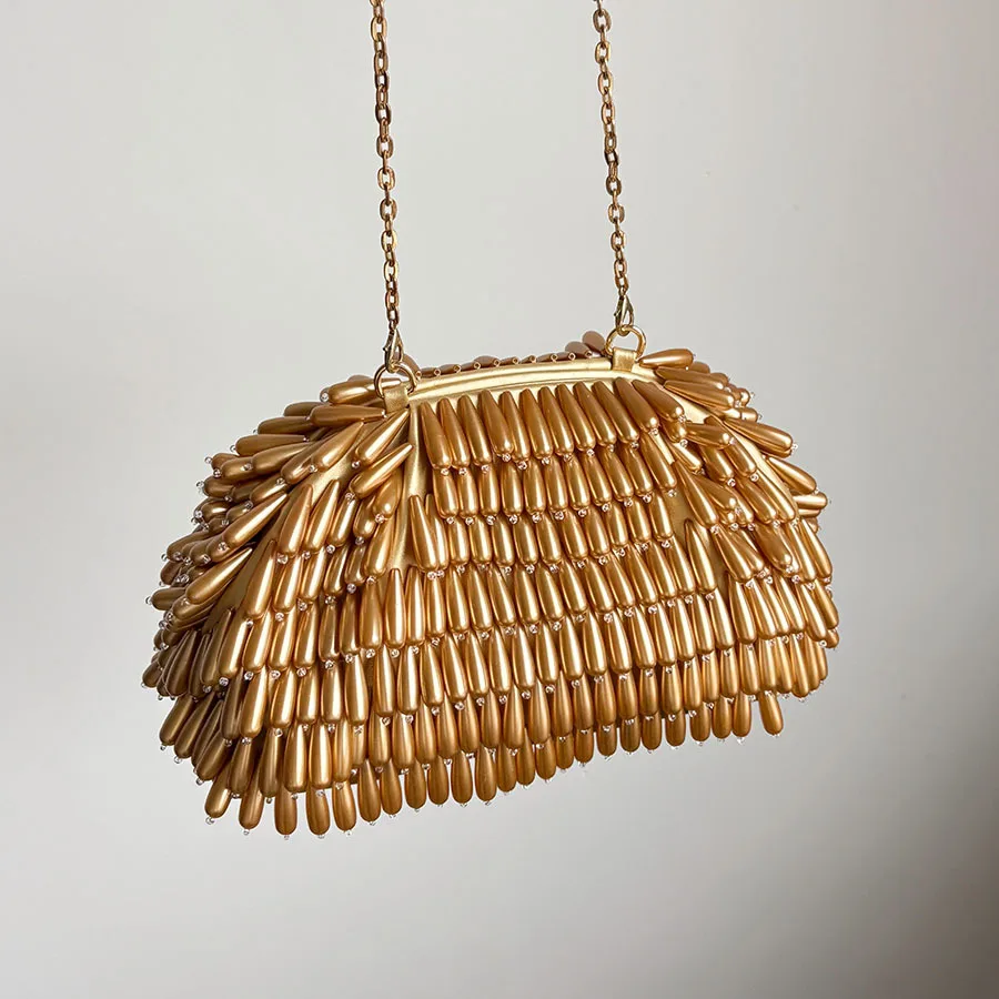 French Retro Luxury Handmade Beaded Handbag Metallic Texture Unique Beaded Evening Bag For Banquet Cocktail Party