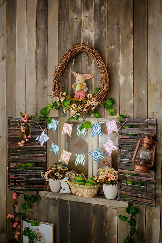 Easter Eggs Flowers Basket Spring Haystack Natural Brick Wall Bunny Backdrops Holiday Interior Decor Photographic Backgrounds