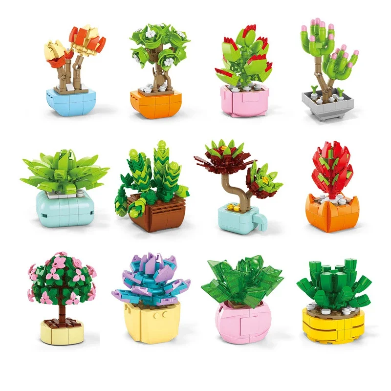 

12 шт., имитация цветов и растений в горшке, суккуленты, украшения для дома, строительные блоки, кирпичи, игрушки, подарки