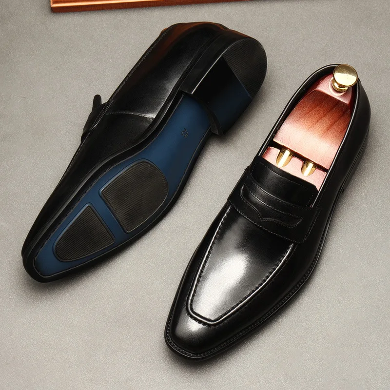 Large Size EUR37-46 Black / Brown Loafers Mens Business Dress Shoes Genuine Leather Prom Party Shoes