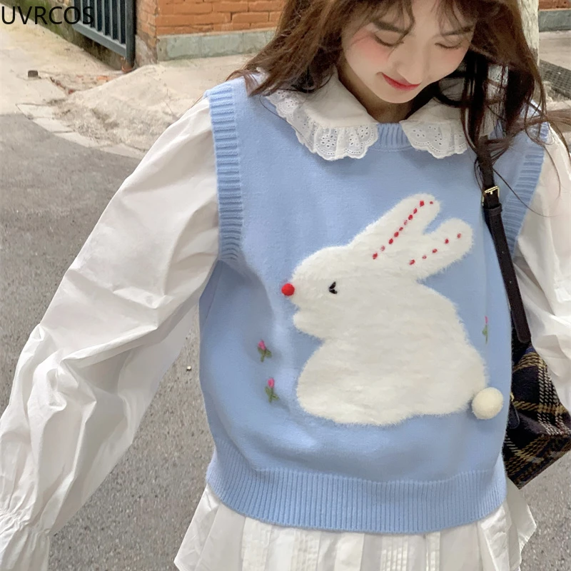 Sweet Lolita Knitted Sweater Vest Women Kawaii Bunny Print Flower Princess Crop Tops Y2k Aesthetics Knitwear Coat Cute Clothes