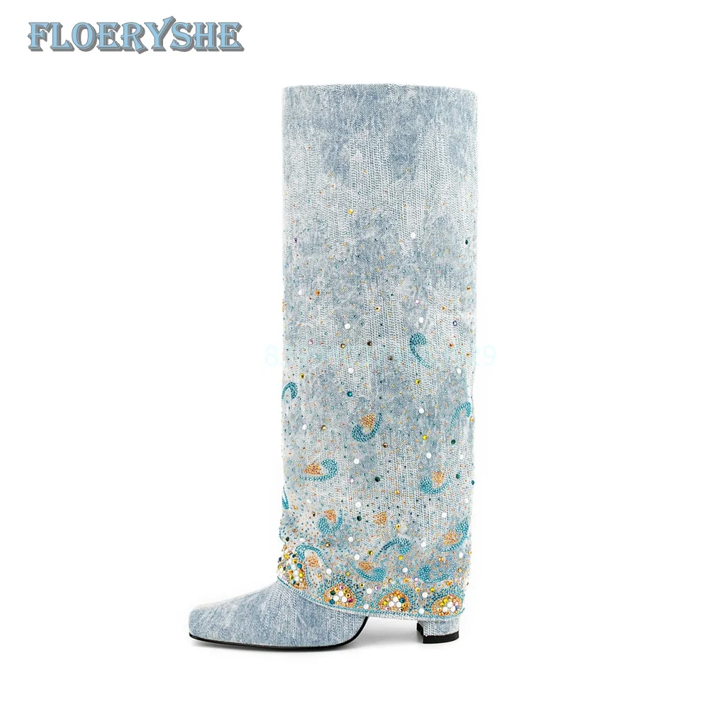 Rhinestone Cowboy Boots Knee-high Mixed Color Luxury Blue Chunky 2024 Design Winter Women Shoes Square Toe Light Blue Flanging