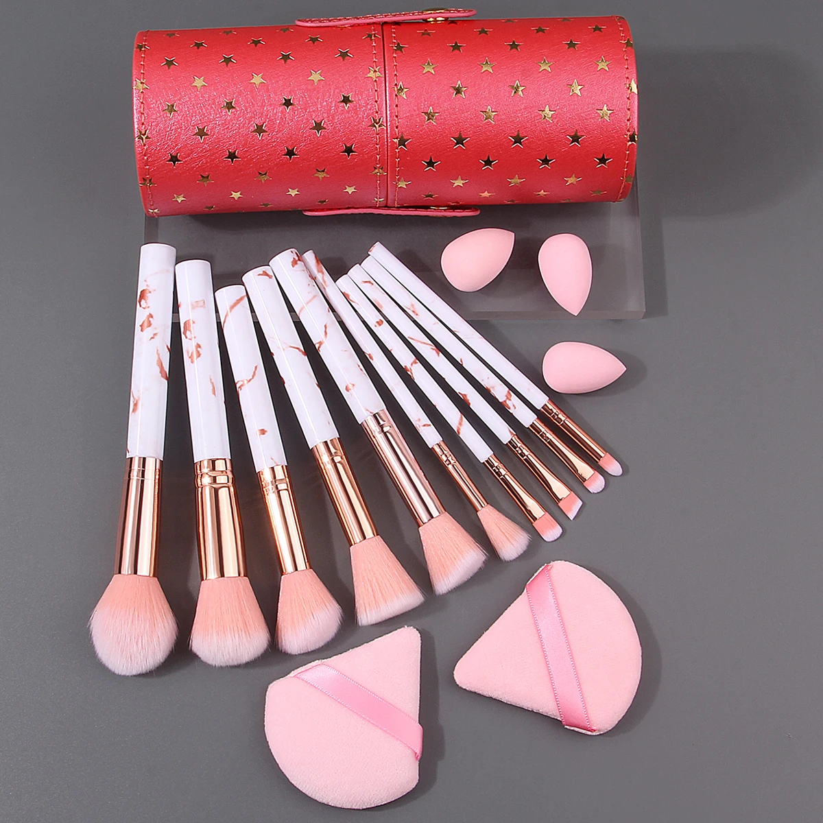 Ensemble de maquillage pour le visage multifonctionnel texturé de marbre, brosse + éponge de maquillage douce, œuf/poudre bouffante + seau de rangement portable, 16 pièces