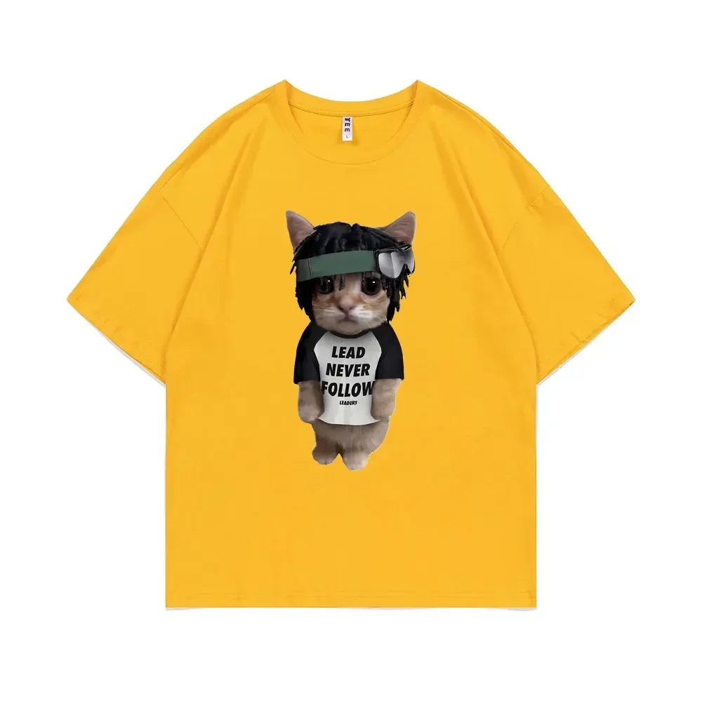 고양이 프린트 티셔츠 여성용 라운드 넥 반팔 티셔츠 여성용 재미있는 티셔츠 적합