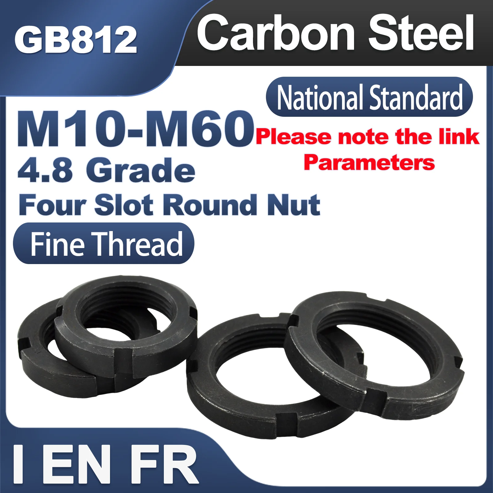1/2Pcs National Standard GB812 Fine Thread Round Nut Carbon Steel Slotted Nut Four Slot Nut Retaining M10 M12 M14 M16 M18-M60