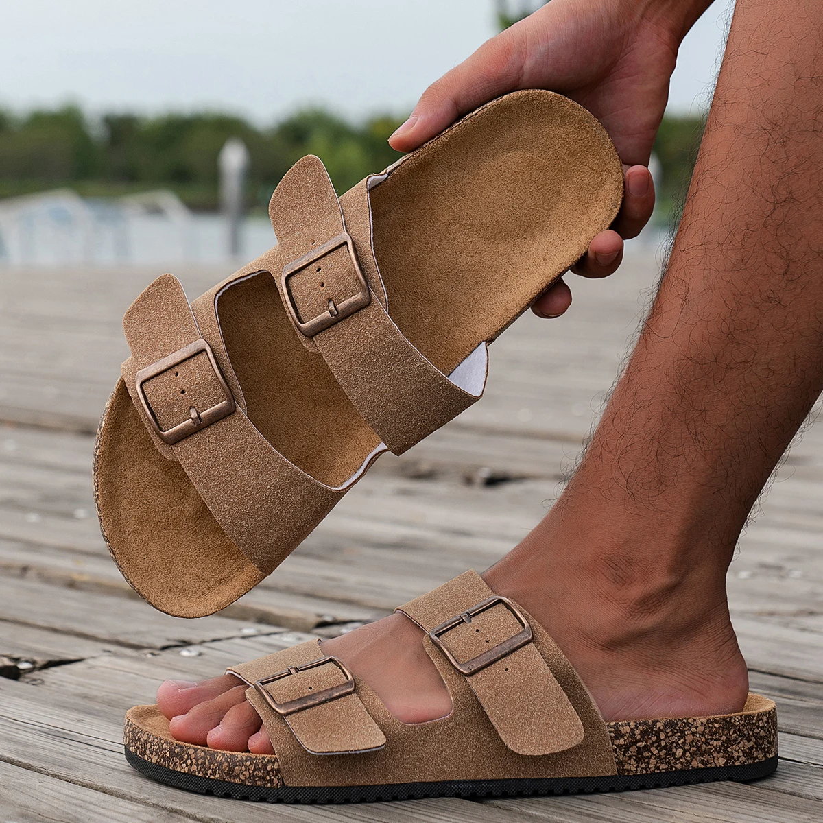 Men's Flat-Soled Slip-On Outdoor Home Eva Slippers Casual Simple Buckle-Adjustable Pu Upper Double-Bar Beach Flip-Flops