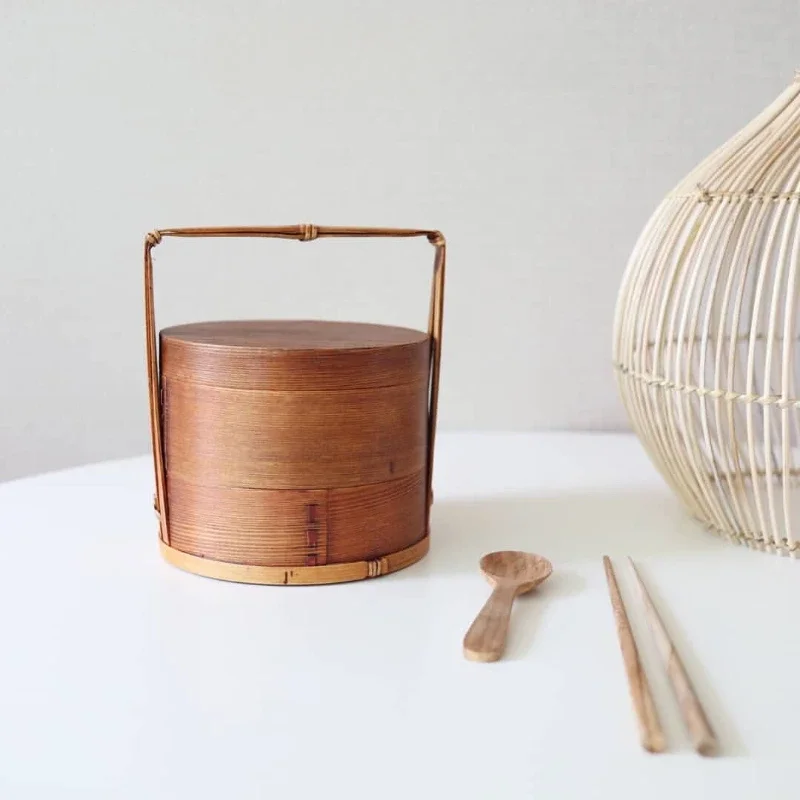 Portable Lunch Box Portable Wooden Lunch Box Brown Round Multi-layered Sushi Box Gift