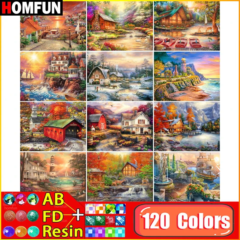 HOMFUN 120-Farben-Diamantgemälde AB Fairy Dust Resin „Landschaft“ Home Decor Volldiamant-Stickerei