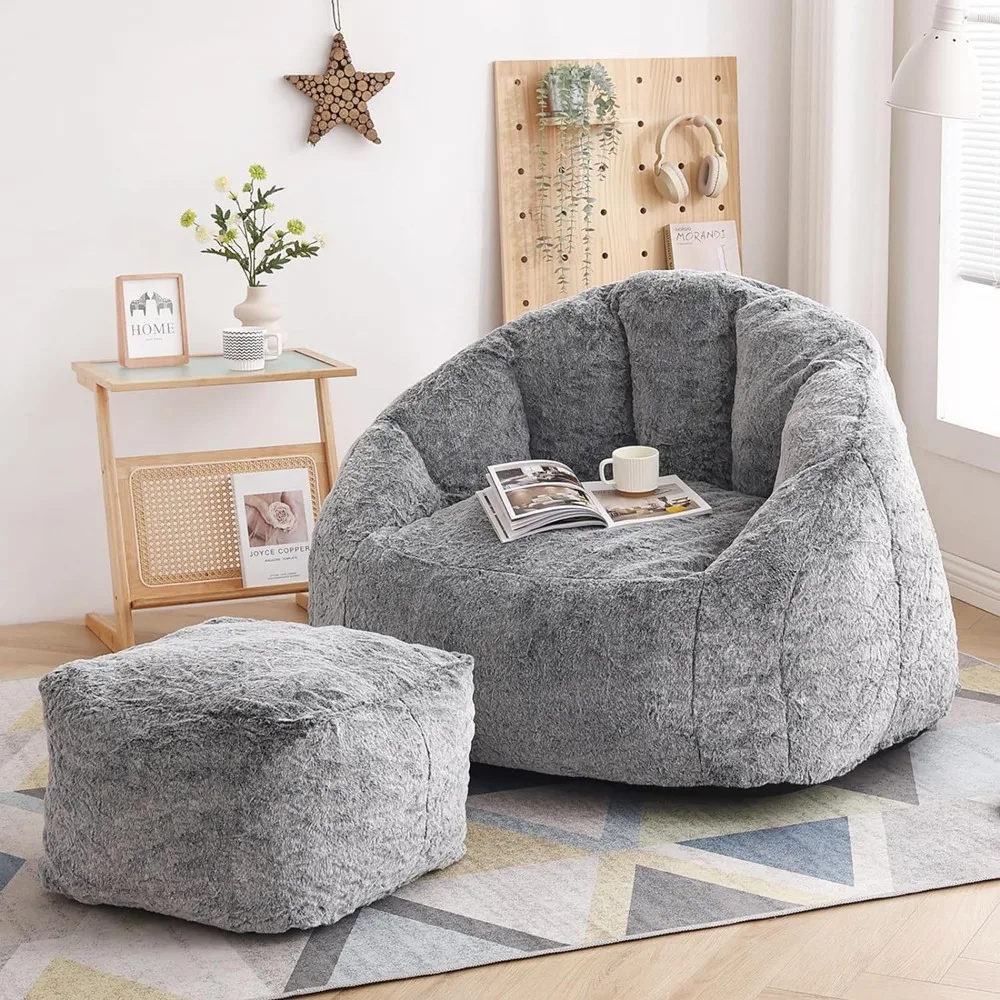 Lazy Sofa for Bedroom Living Room and Offices (Dark Grey) Giant Bean Bag Chair With Footstool Furniture Sofas Single Chairs Home